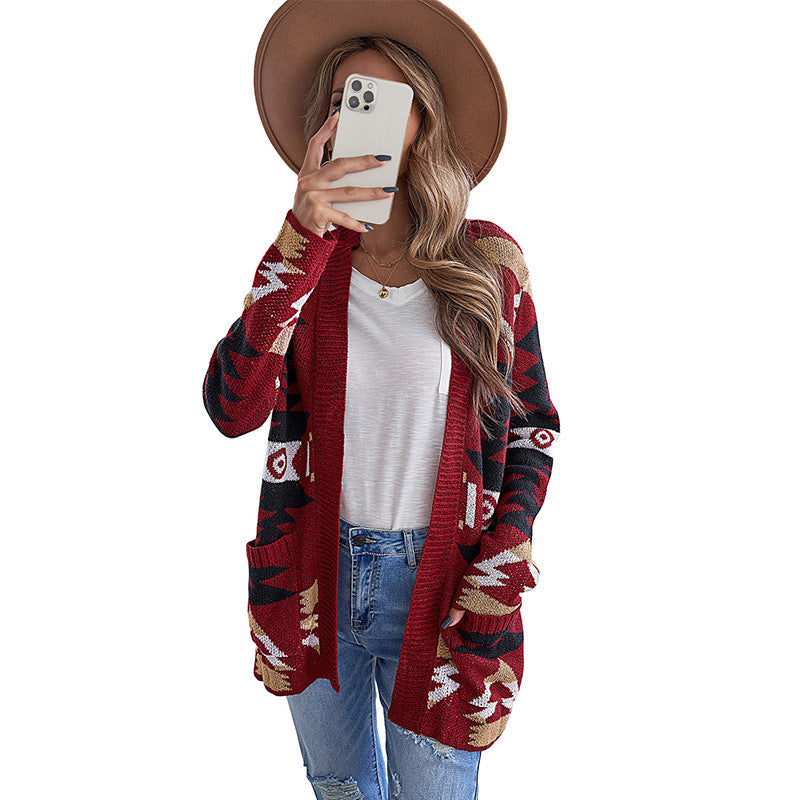 Wholesale Knitted Polyester Fiber Medium Length Sweater Cardigan